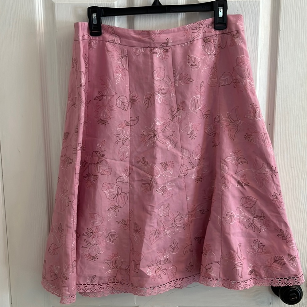 Dressbarn Linen Blend Floral Embroidered A-line Skirt Lined Pink Size 14.